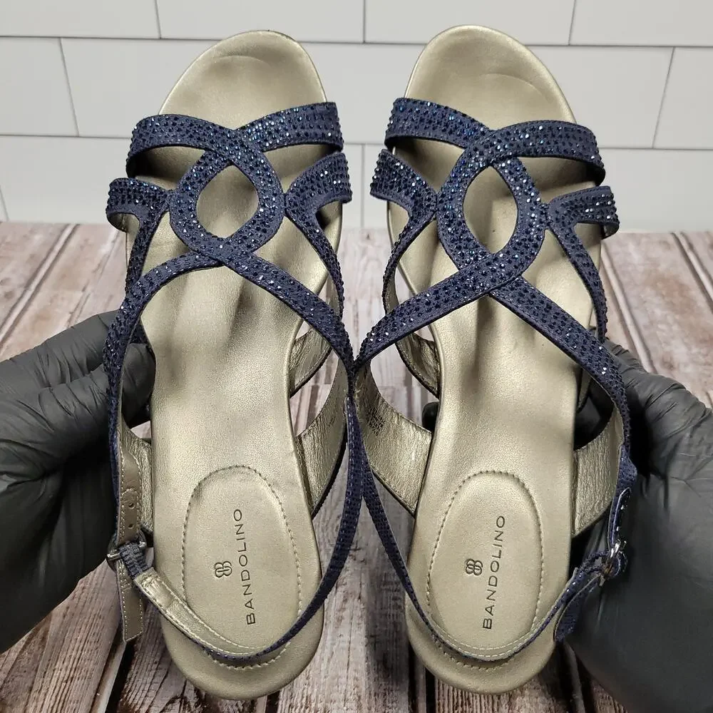 Bandolino Blue Rhinestone Slingback Sandals Women's Size 9M Dress Low Heel